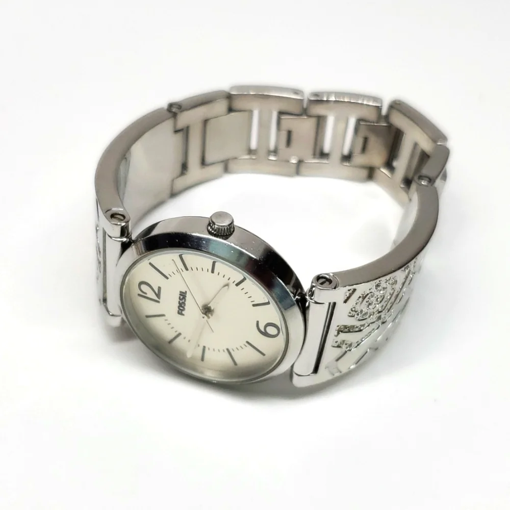 Fossil Blue ES2763 Silver Steel Bangle Floral Pave Wristband White Face